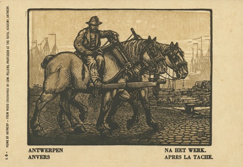 Ansichtkaart met een voorstelling van een havenarbeider met twee paarden te Antwerpen