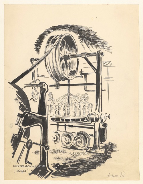 Interieur van de Draka fabrieken. IJzerdraadomvlechter