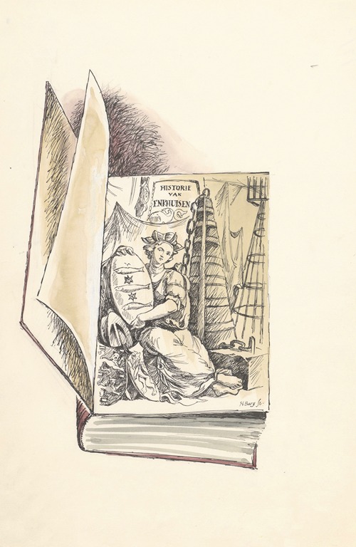 Tekening van de titelprent van Historie van Enkhuisen