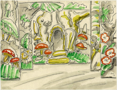 Gevel met paddestoelen en bloemversiering