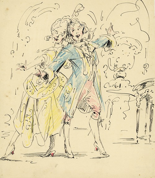 Historisch tafereel van 2 dansende figuren.