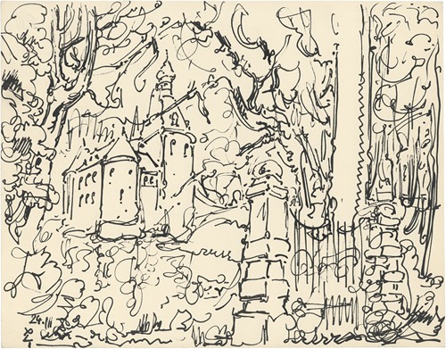 Kasteel met bomen en omheining