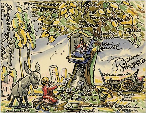 Kind met ezel aan boom met Mariakapelletje