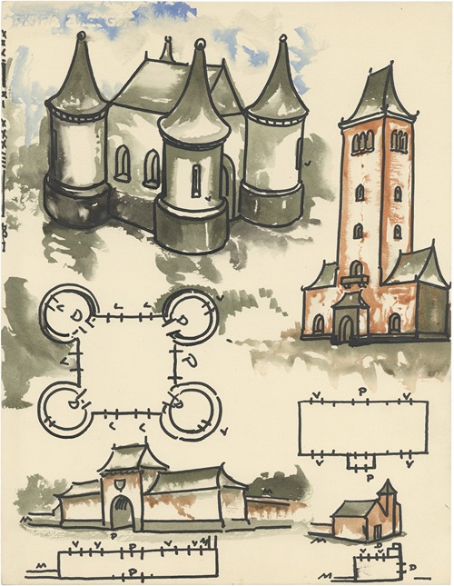 Vogelperspectief en plattegrond van herenhoeve en kasteel en belfort.