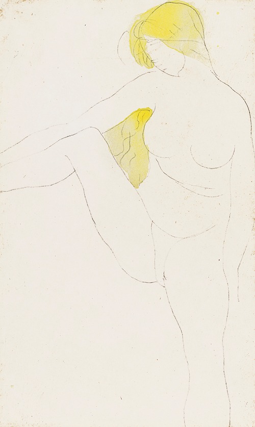 Femme nue assise tenant sa jambe droite écartée