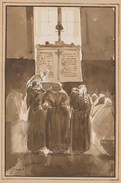 Three Capuchin friars in a church before a congregation