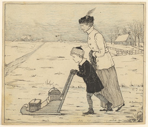 Jongen en vrouw met slee op het ijs