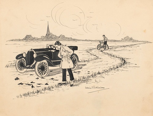 Automobilist bekijkt brokstukken op een landweg
