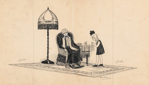 Interieur met oude vrouw en breiend meisje