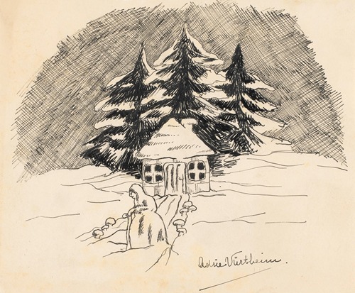Sneeuwvrouw voor een hut in een winterlandschap