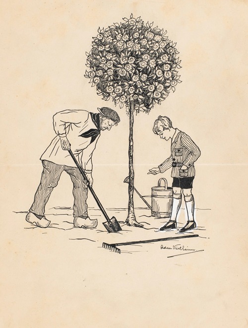 Tuinierende jongen en man bij een rozenboom