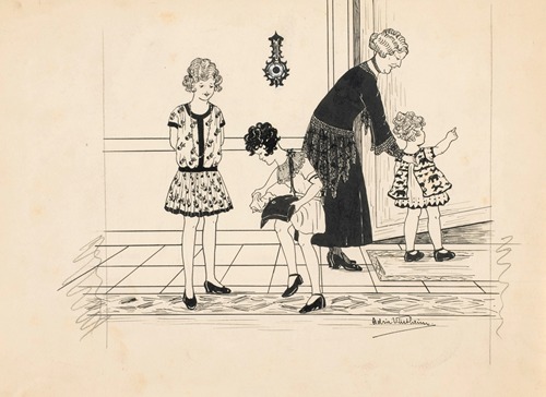 Vrouw en drie meisjes in een gang