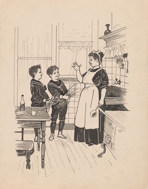 Jongens met takkenbossen in een keuken