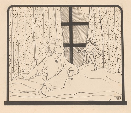 Meisje luistert naar een kabouter die op haar bed staat