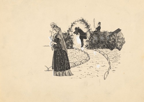 Oude vrouw met lorgnet op een oprijlaan