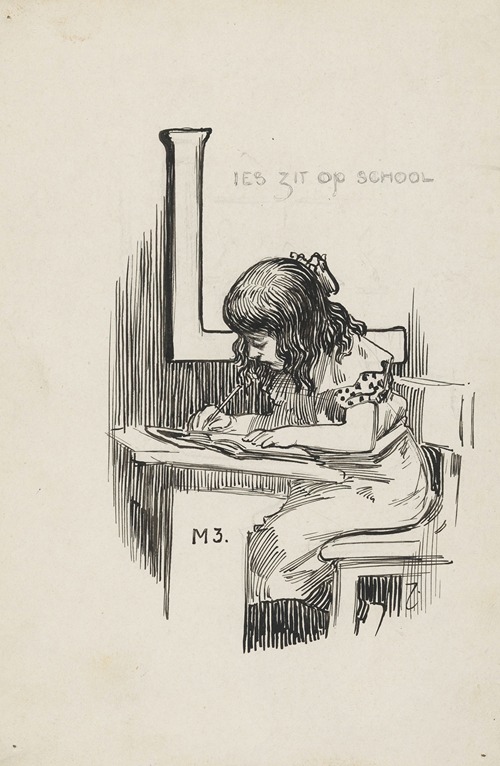 Schrijvend meisje in een schoolbank