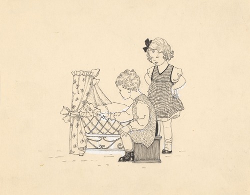 Twee meisjes bij een poppenbed