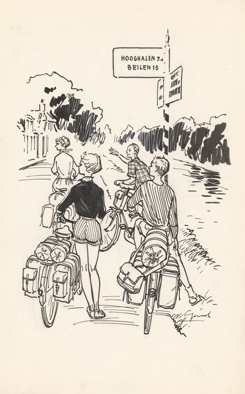 Vier fietsers bij een wegwijzer