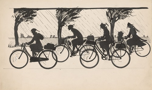 Vier meisjes fietsen in de regen
