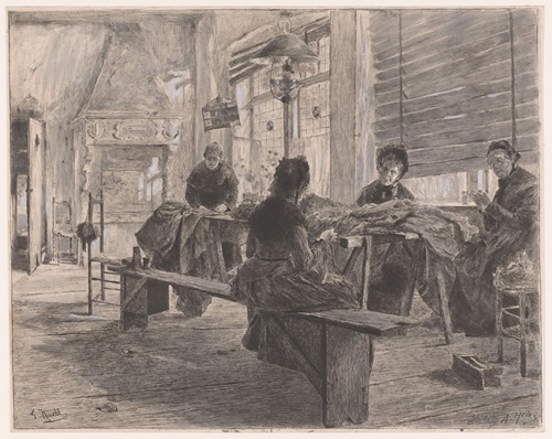 Vier vrouwen in een naaiatelier aan het werk