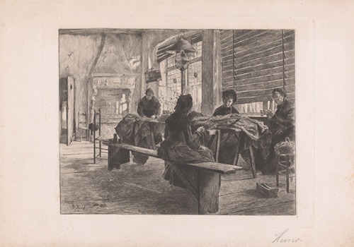 Vier vrouwen in een naaiatelier aan het werk