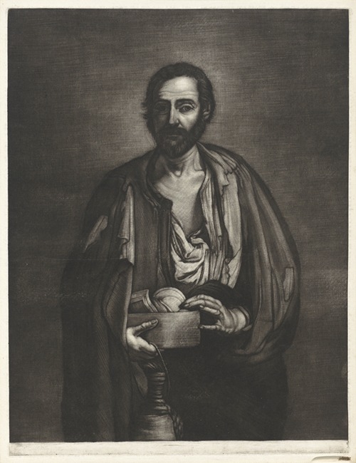 Beggar philosopher with wooden bowl and wine bottle