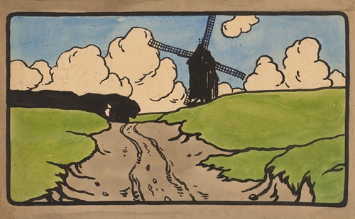 Landschap met een molen langs een weg