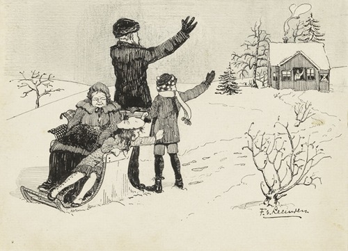 Sneeuwlandschap met zwaaiende figuren