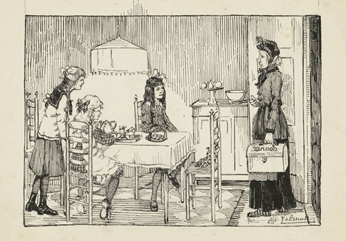 Vrouw met een brooddoos in een deuropening