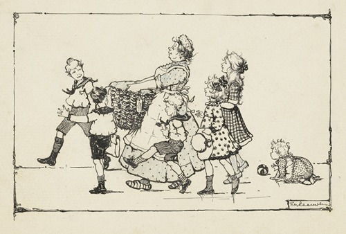 Zes kinderen en een vrouw met een mand