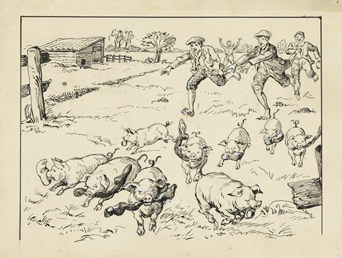 Kudde varkens met sokken en schoenen in de bek