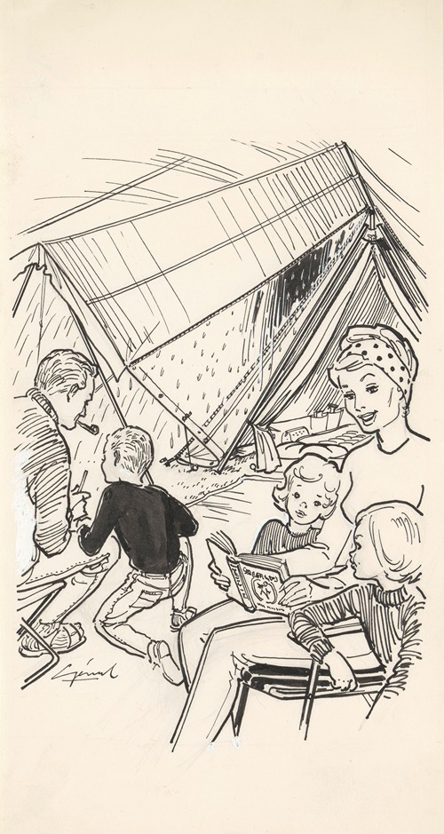 Gezin in een tent op een regenachtige dag