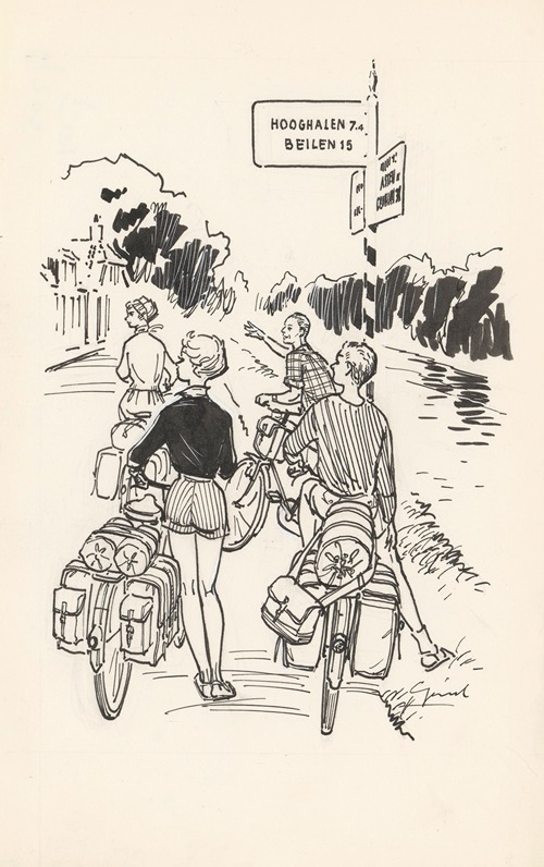 Vier fietsers bij een wegwijzer