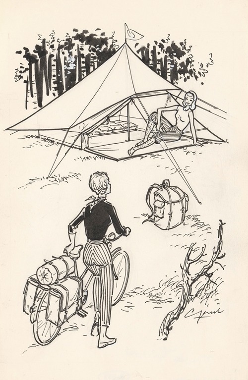 Zittende vrouw voor een tent