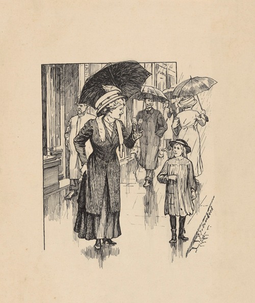Vrouw en meisje op een regenachtige straat