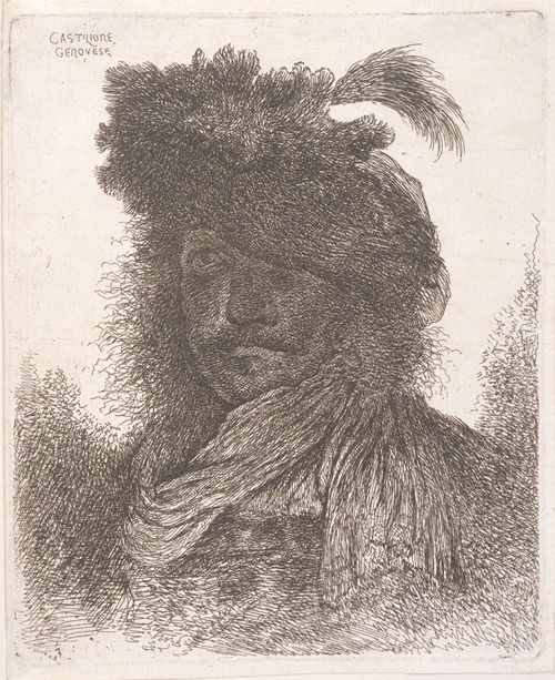 Man Wearing a Plumed Fur Cap and Scarf
