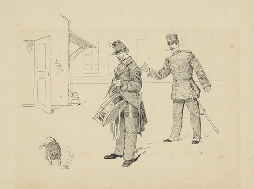 Militair met trommel kijkend naar een hond