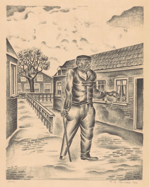 Man met houten been en wandelstok