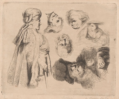 Compositie met Oosterse man, vrouw met kind en vier hoofden van mannen