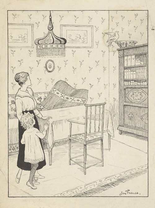 Vrouw en meisje kijkend naar een vogel op een kast