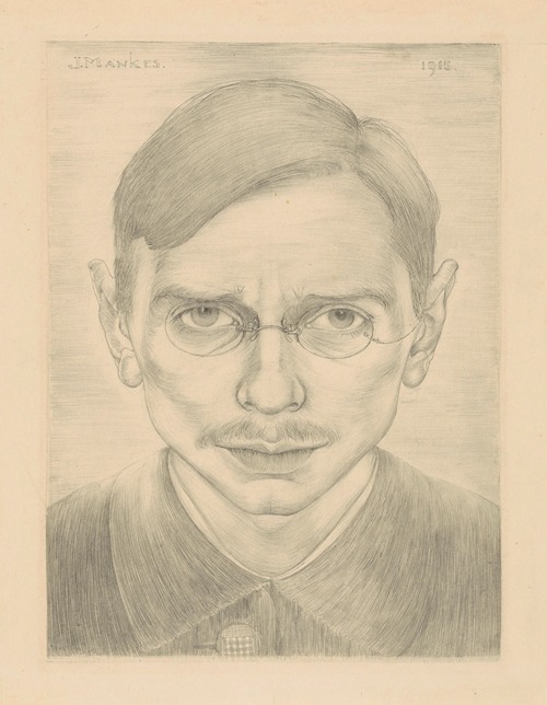 Zelfportret met snor en bril, van voren gezien