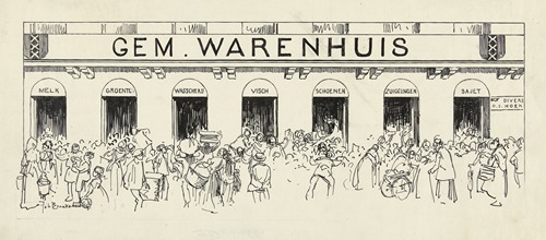 Ontwerp voor illustratie in De Amsterdammer drommen mensen voor het Gem. Warenhuis