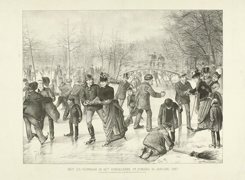 Schaatsende mensen in het Vondelpark in Amsterdam IJsvermaak in ‘t Vondelpark