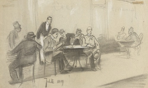 Terras van een café-restaurant, met tekenende kunstenaar