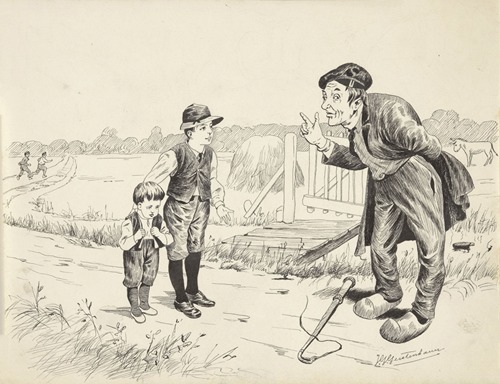 Man gebarend naar twee jongens in een landschap