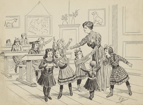 Schoolklas met meisjes en een onderwijzeres