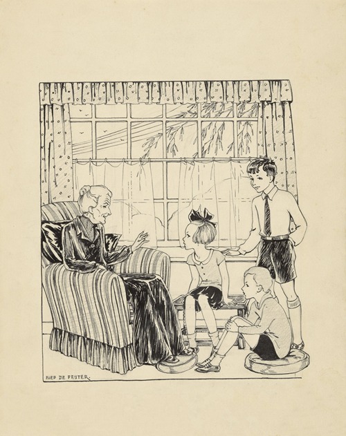 Interieur met een oude vrouw en drie kinderen