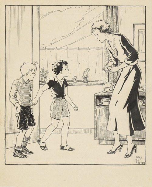 Interieur met twee jongens en een vrouw