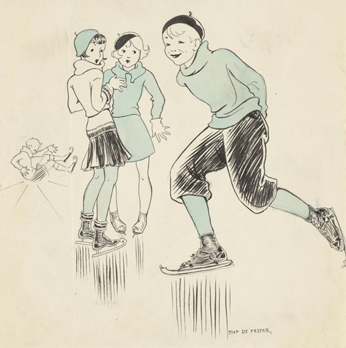 Jongen schaatsend langs twee meisjes