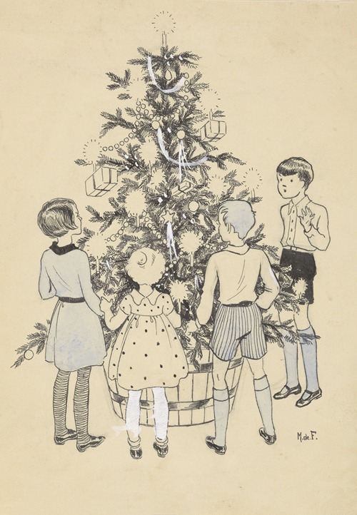 Vier kinderen rondom een kerstboom